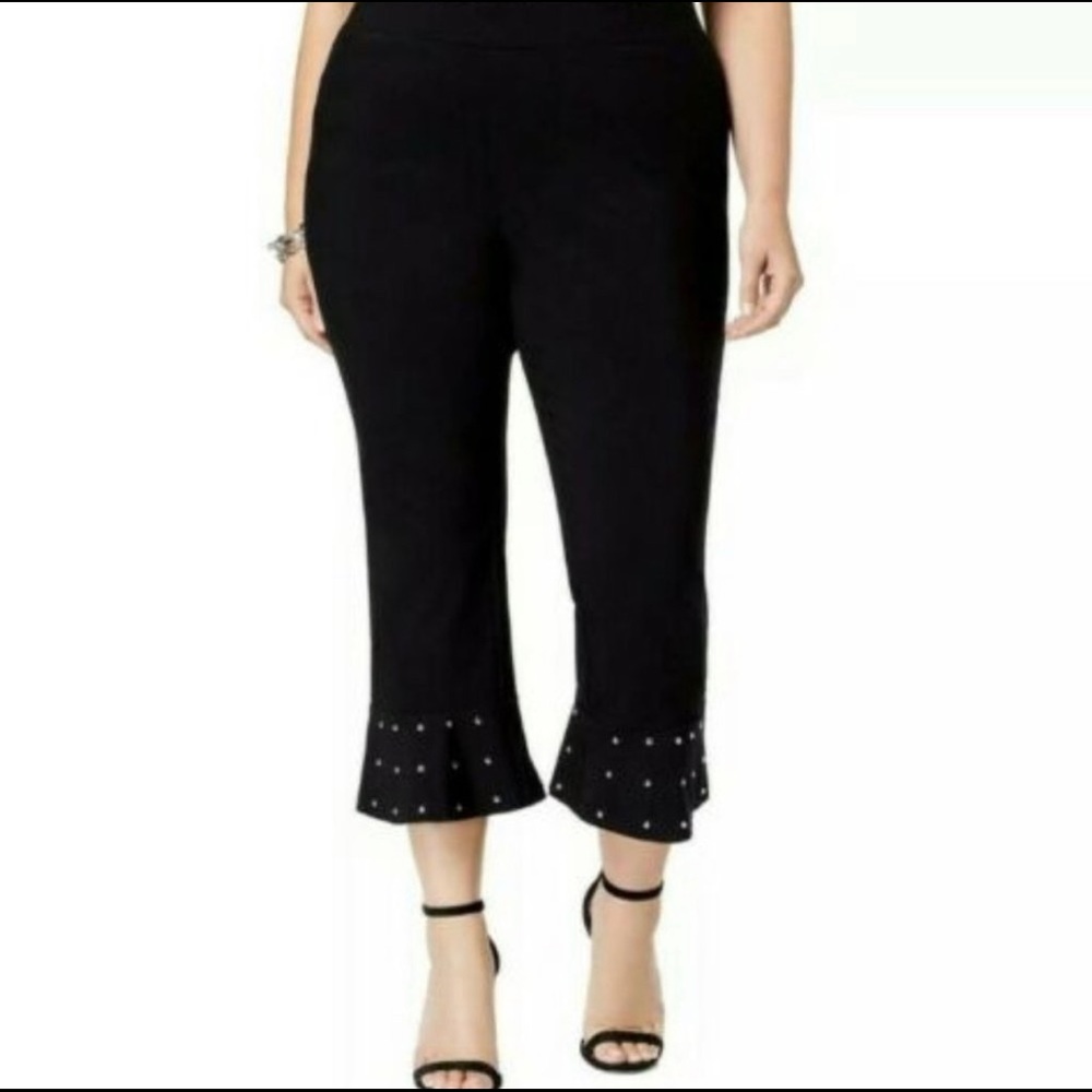 INC Studded Ruffled Hem Capri Pants 16W Black Gold